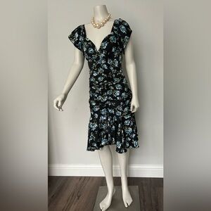 Anthropologie Black and Blue Floral Midi Dress